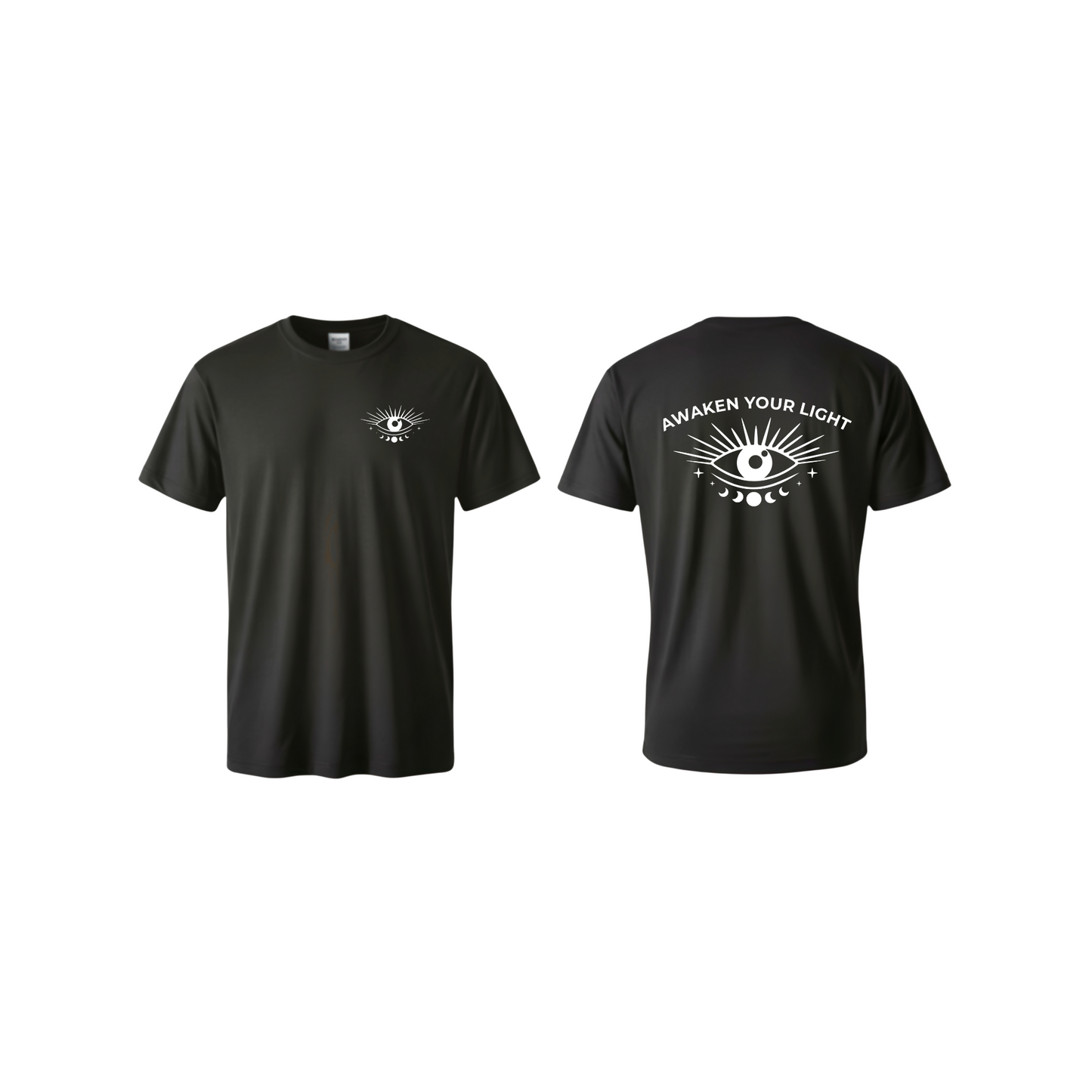 Awaken Your Light Spiritual T-Shirt – Mystical Eye & Moon Phase Tee