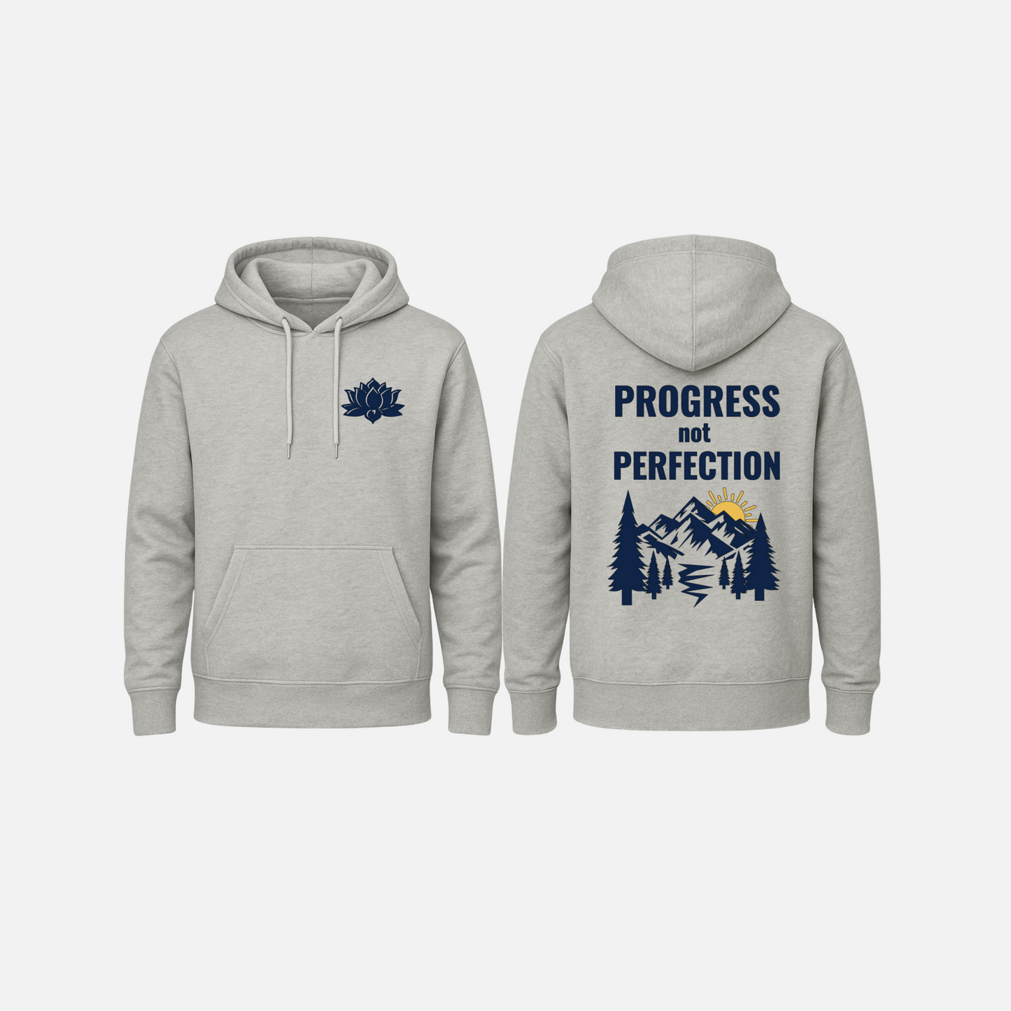 Progress Not Perfection Wellness Hoodie – Premium Navy & Gold Mountain Design