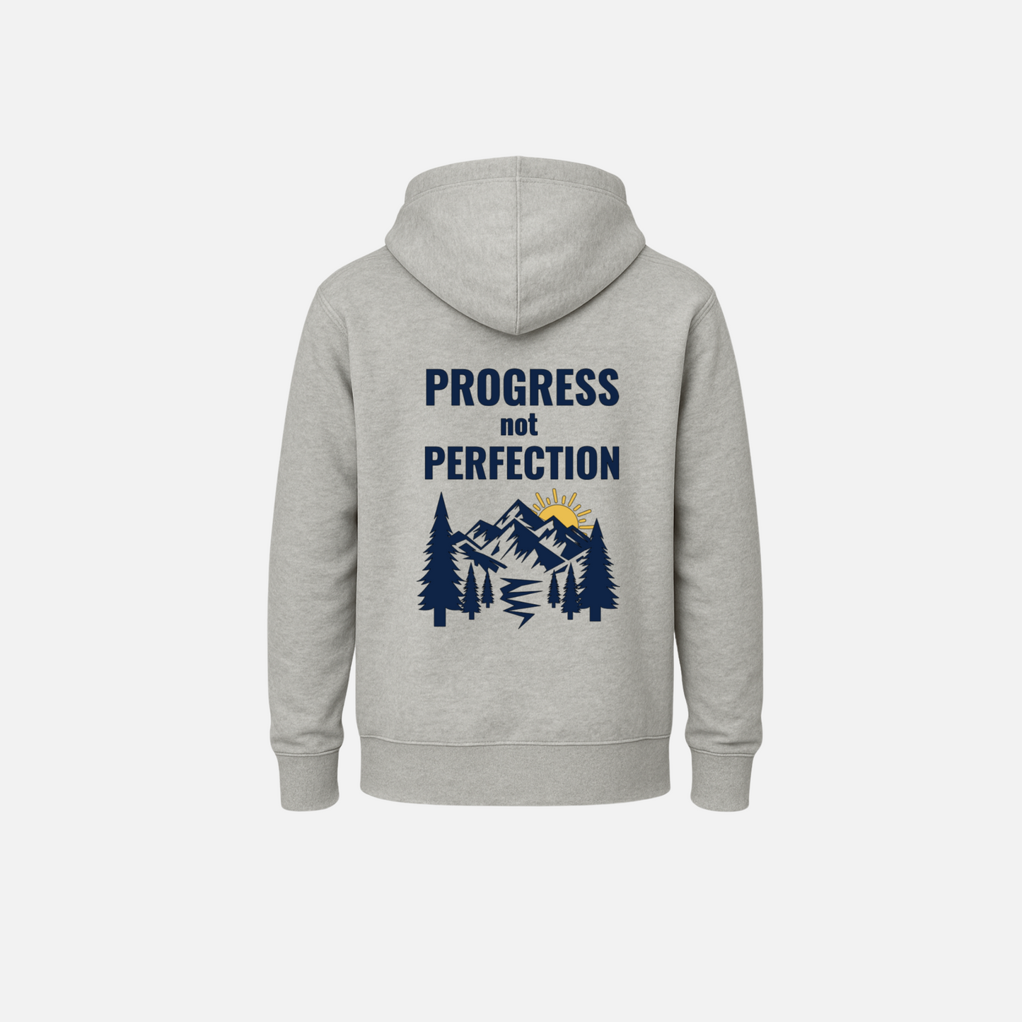 Progress Not Perfection Wellness Hoodie – Premium Navy & Gold Mountain Design