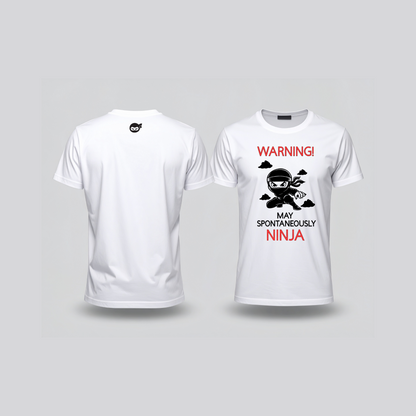 Spontaneously Ninja Kids T-shirt – Funny Ninja Graphic Tee in White with Black & Red Print