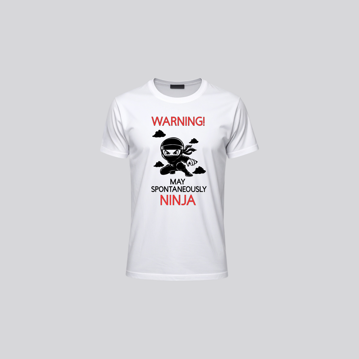 Spontaneously Ninja Kids T-shirt – Funny Ninja Graphic Tee in White with Black & Red Print